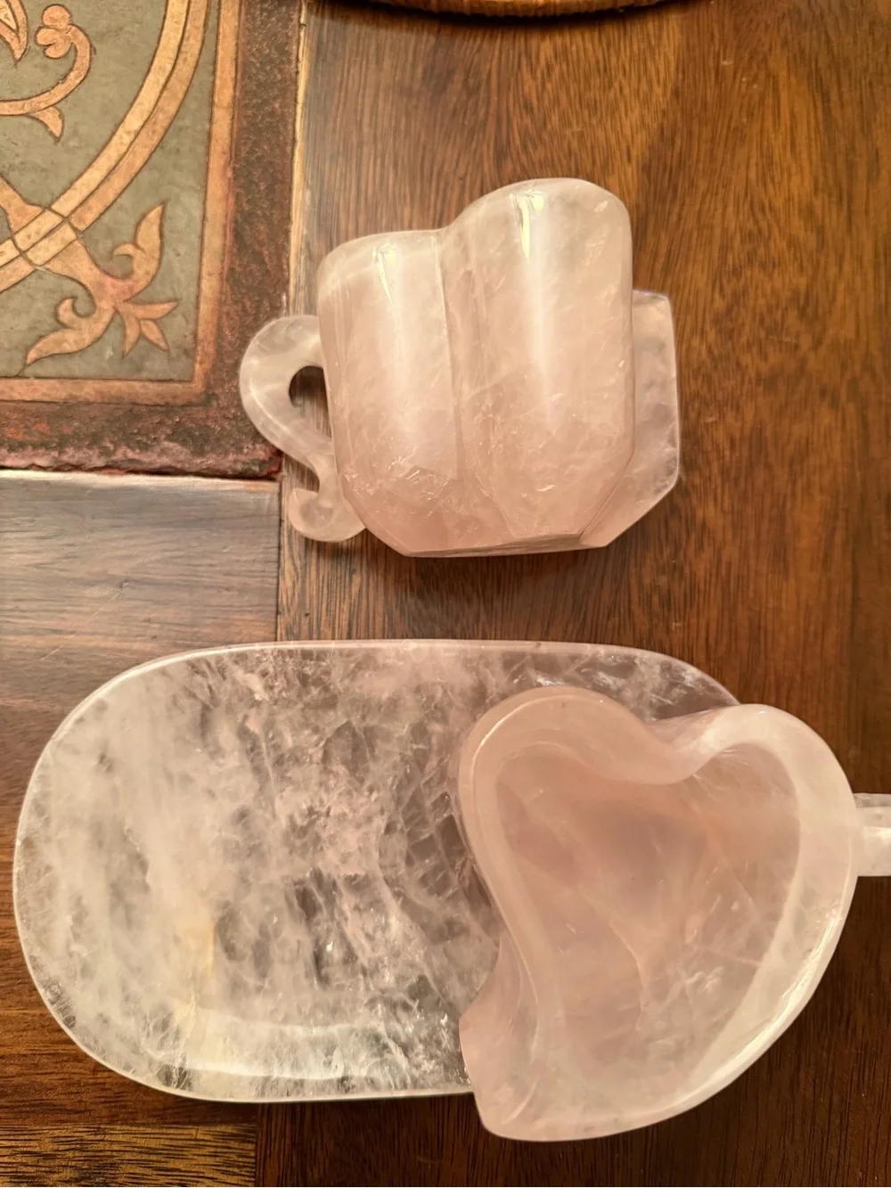 Rose Quartz handmade tea set beautiful. Heavy.